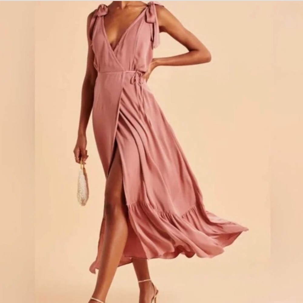 NWT Abercrombie & Fitch Pink Ribbons Ruffle Hem Maxi Wrap Dress Size SP